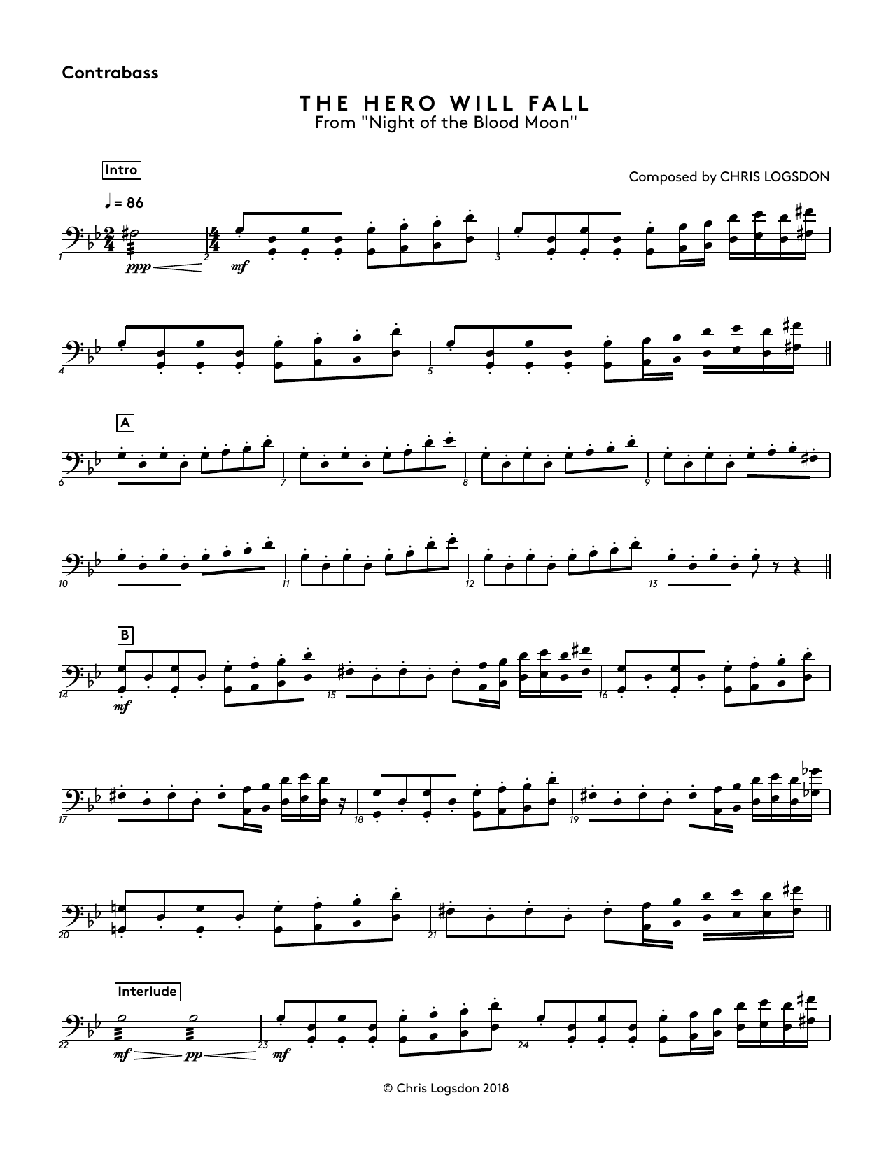 Chris Logsdon The Hero Will Fall (from Night of the Blood Moon) - Contrabass sheet music notes and chords arranged for Performance Ensemble