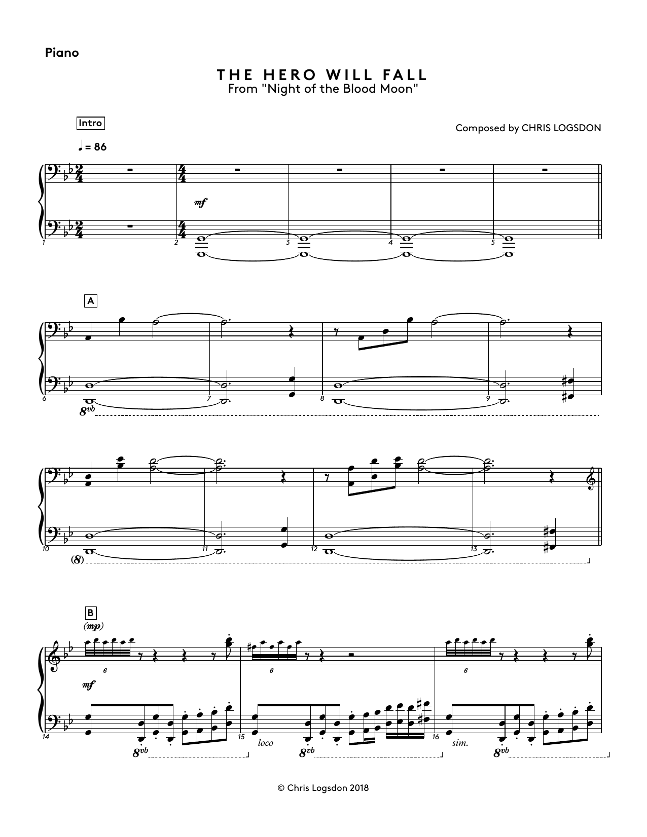 Chris Logsdon The Hero Will Fall (from Night of the Blood Moon) - Piano sheet music notes and chords arranged for Performance Ensemble