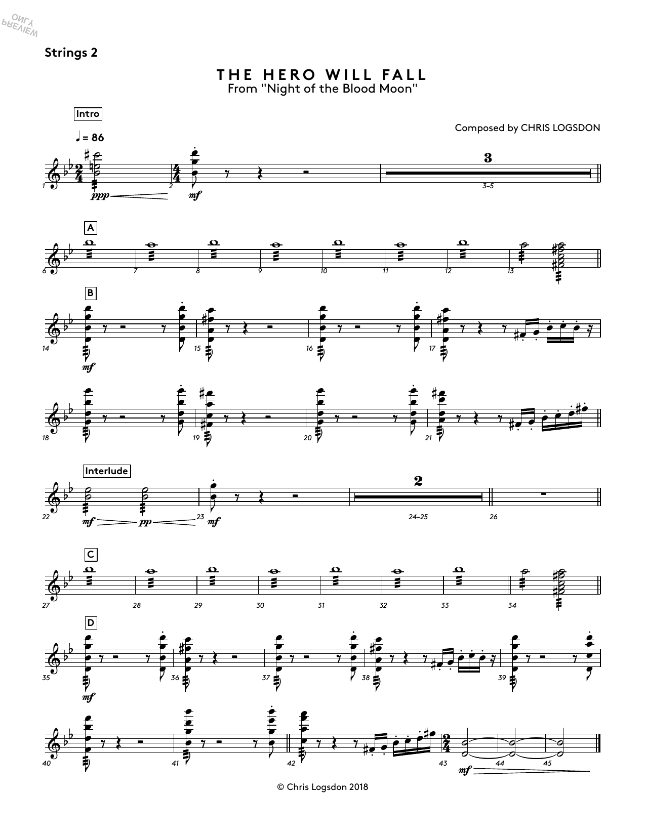 Chris Logsdon The Hero Will Fall (from Night of the Blood Moon) - Strings 2 sheet music notes and chords arranged for Performance Ensemble