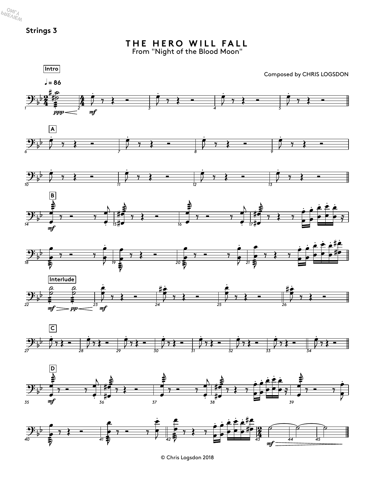 Chris Logsdon The Hero Will Fall (from Night of the Blood Moon) - Strings 3 sheet music notes and chords arranged for Performance Ensemble