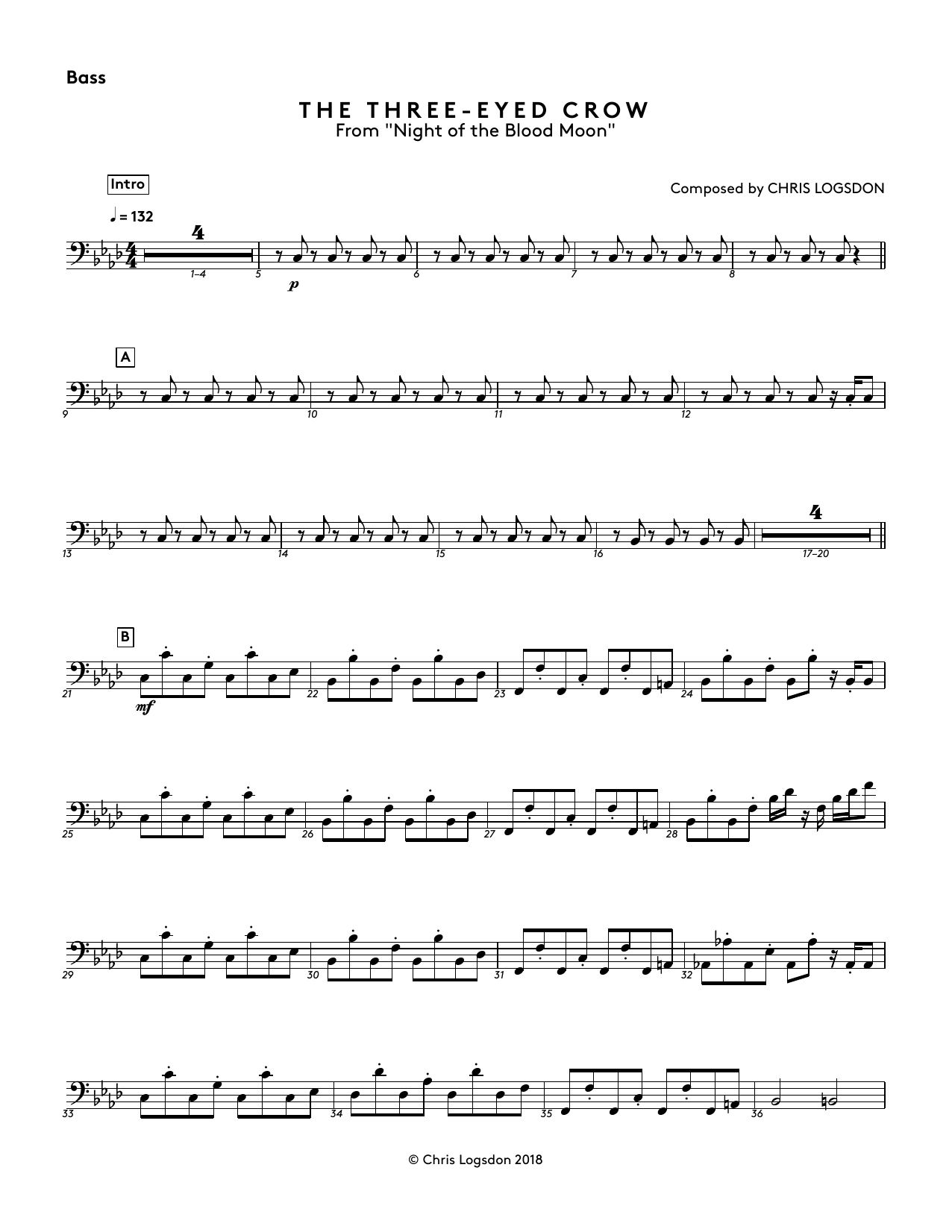 Chris Logsdon The Three-Eyed Crow (from Night of the Blood Moon) - Bass sheet music notes and chords arranged for Performance Ensemble