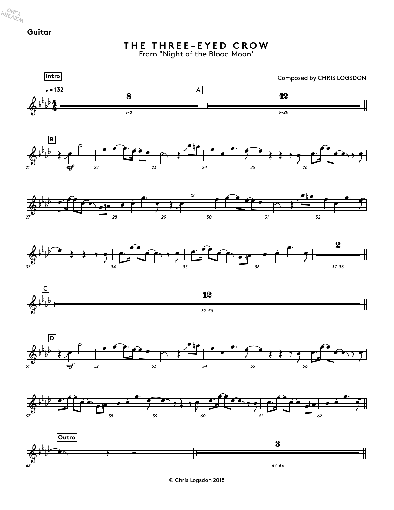 Chris Logsdon The Three-Eyed Crow (from Night of the Blood Moon) - Guitar sheet music notes and chords arranged for Performance Ensemble