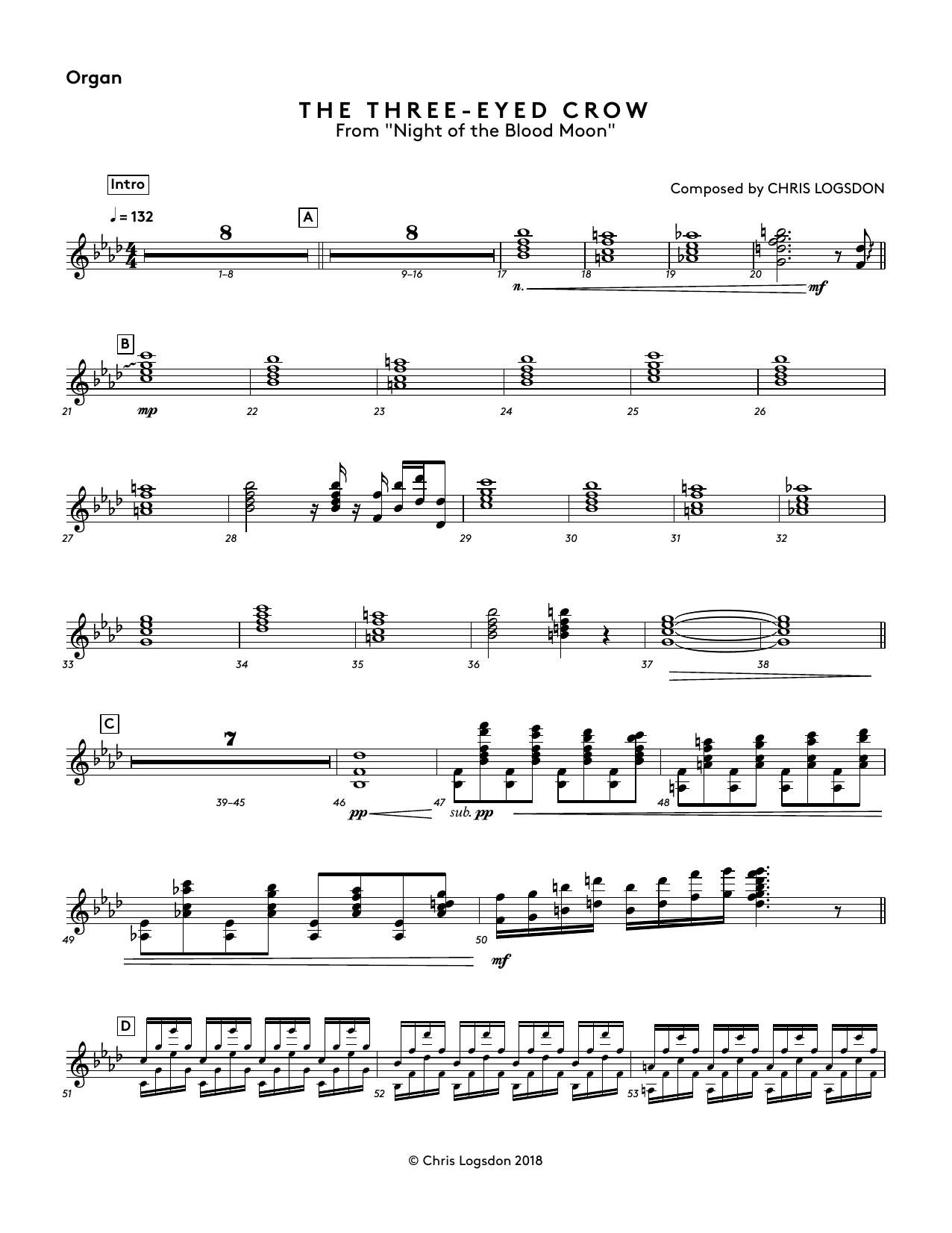 Chris Logsdon The Three-Eyed Crow (from Night of the Blood Moon) - Organ sheet music notes and chords arranged for Performance Ensemble