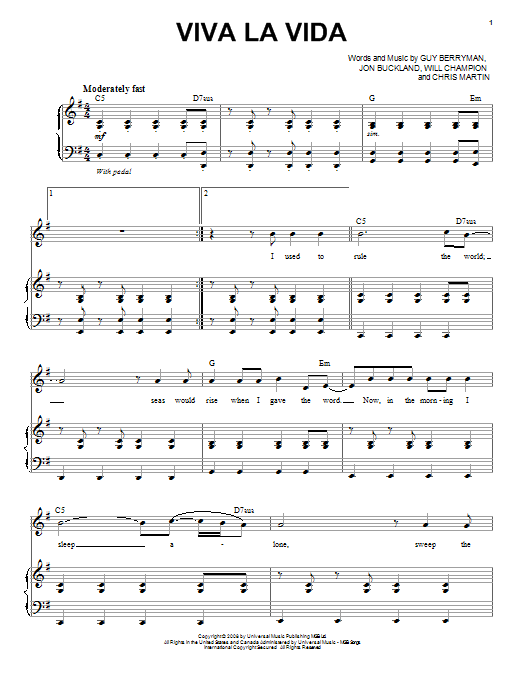 Chris Mann Viva La Vida sheet music notes and chords arranged for Piano & Vocal