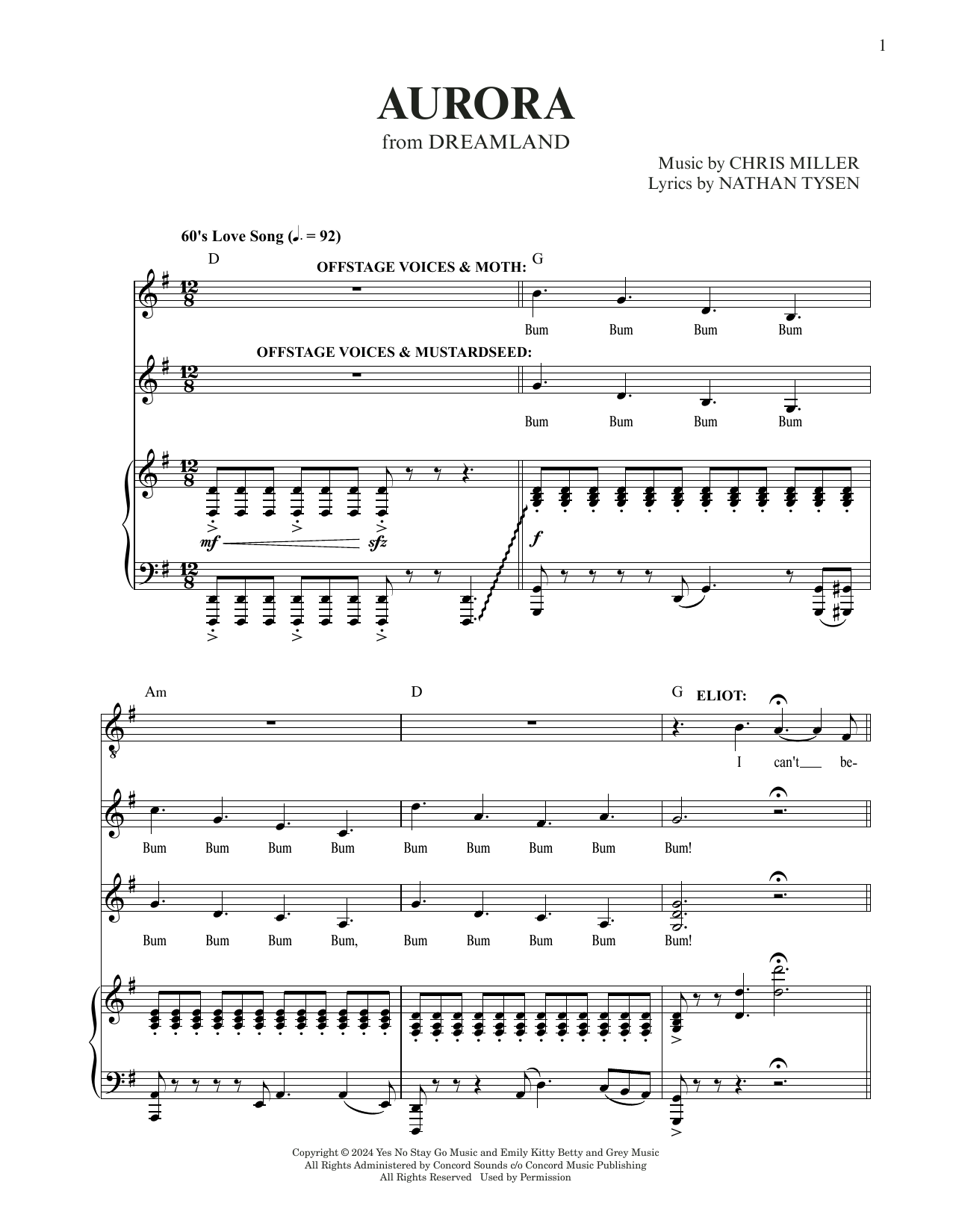 Chris Miller & Nathan Tysen Aurora (from Dreamland) sheet music notes and chords arranged for Piano & Vocal