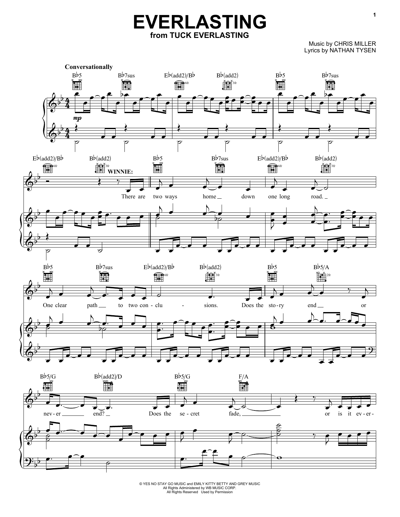 Chris Miller and Nathan Tysen Everlasting (from Tuck Everlasting) sheet music notes and chords arranged for Piano, Vocal & Guitar Chords (Right-Hand Melody)