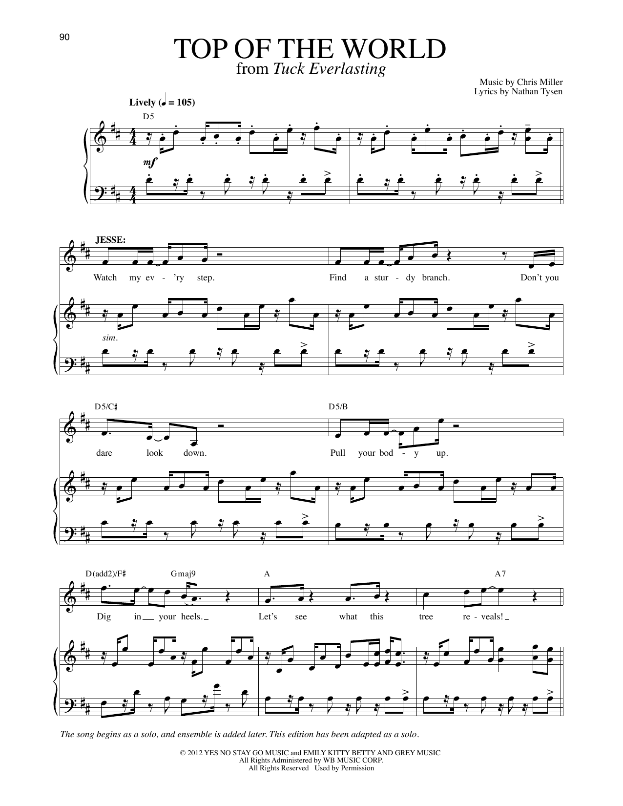 Chris Miller and Nathan Tysen Top Of The World (Solo Version) (from Tuck Everlasting) sheet music notes and chords arranged for Piano & Vocal