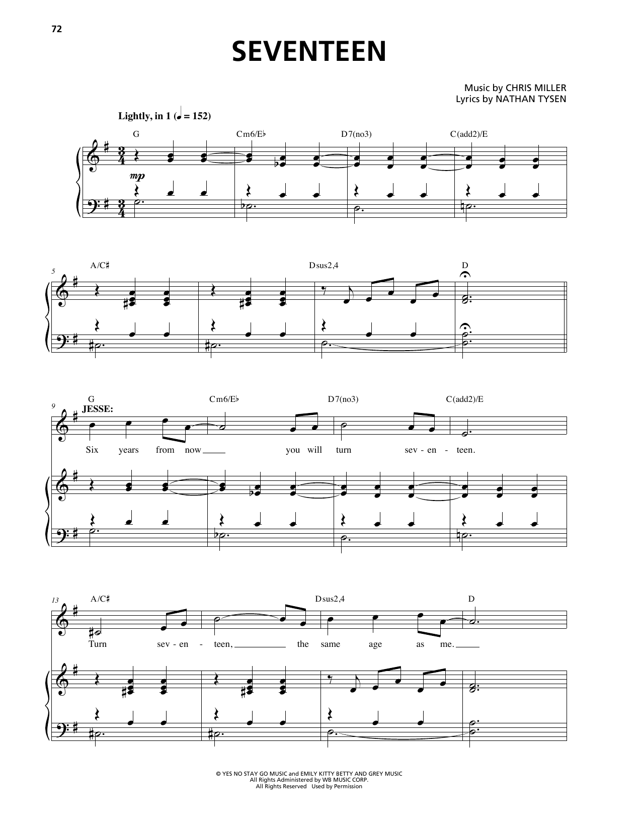Chris Miller Seventeen sheet music notes and chords arranged for Piano & Vocal