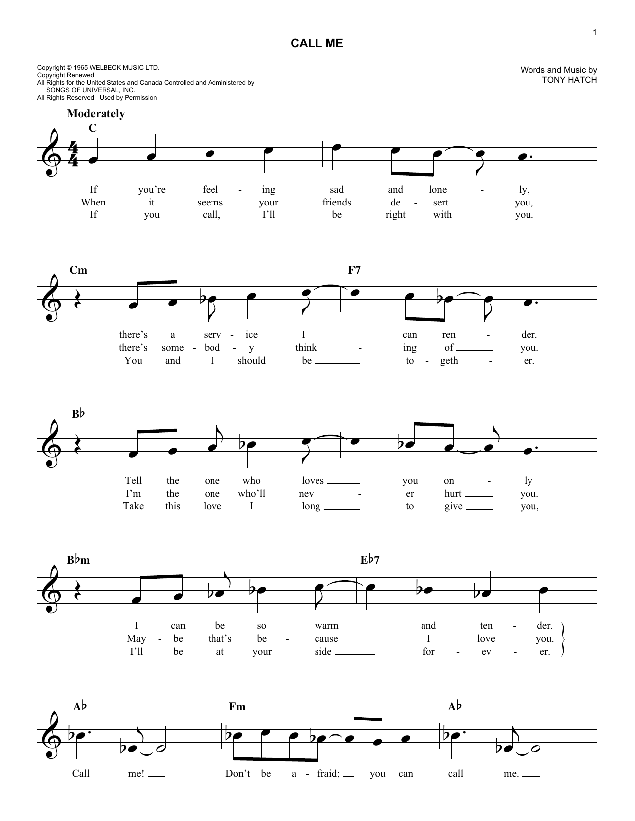 California Chris Montez Call Me sheet music notes and chords arranged for Lead Sheet / Fake Book