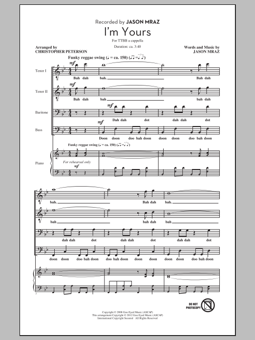 Chris Peterson I'm Yours sheet music notes and chords arranged for TTBB Choir