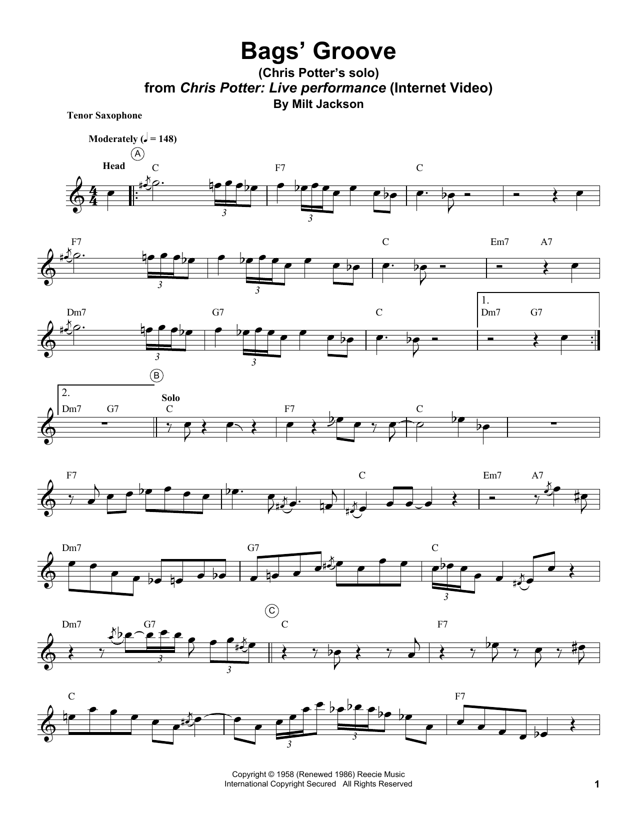 Chris Potter Bags' Groove sheet music notes and chords arranged for Tenor Sax Transcription