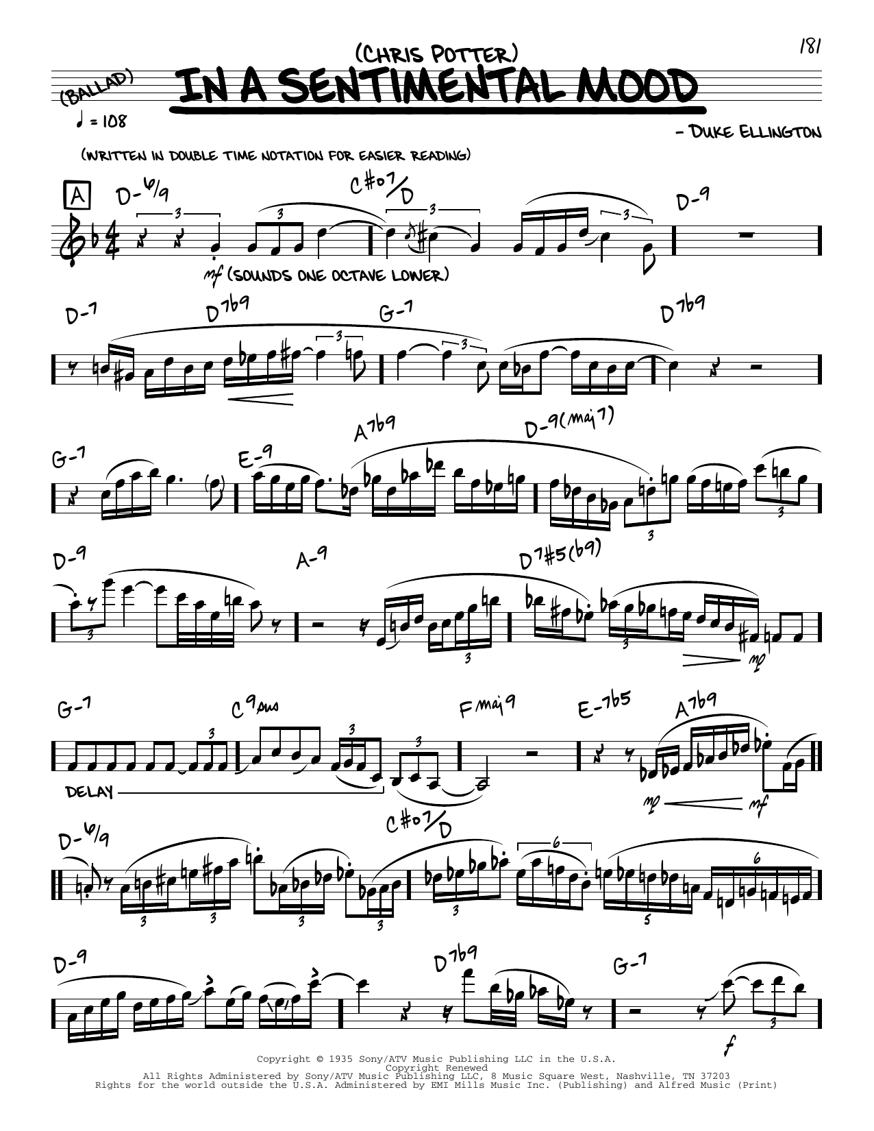 Chris Potter In A Sentimental Mood (solo only) sheet music notes and chords arranged for Real Book – Melody & Chords
