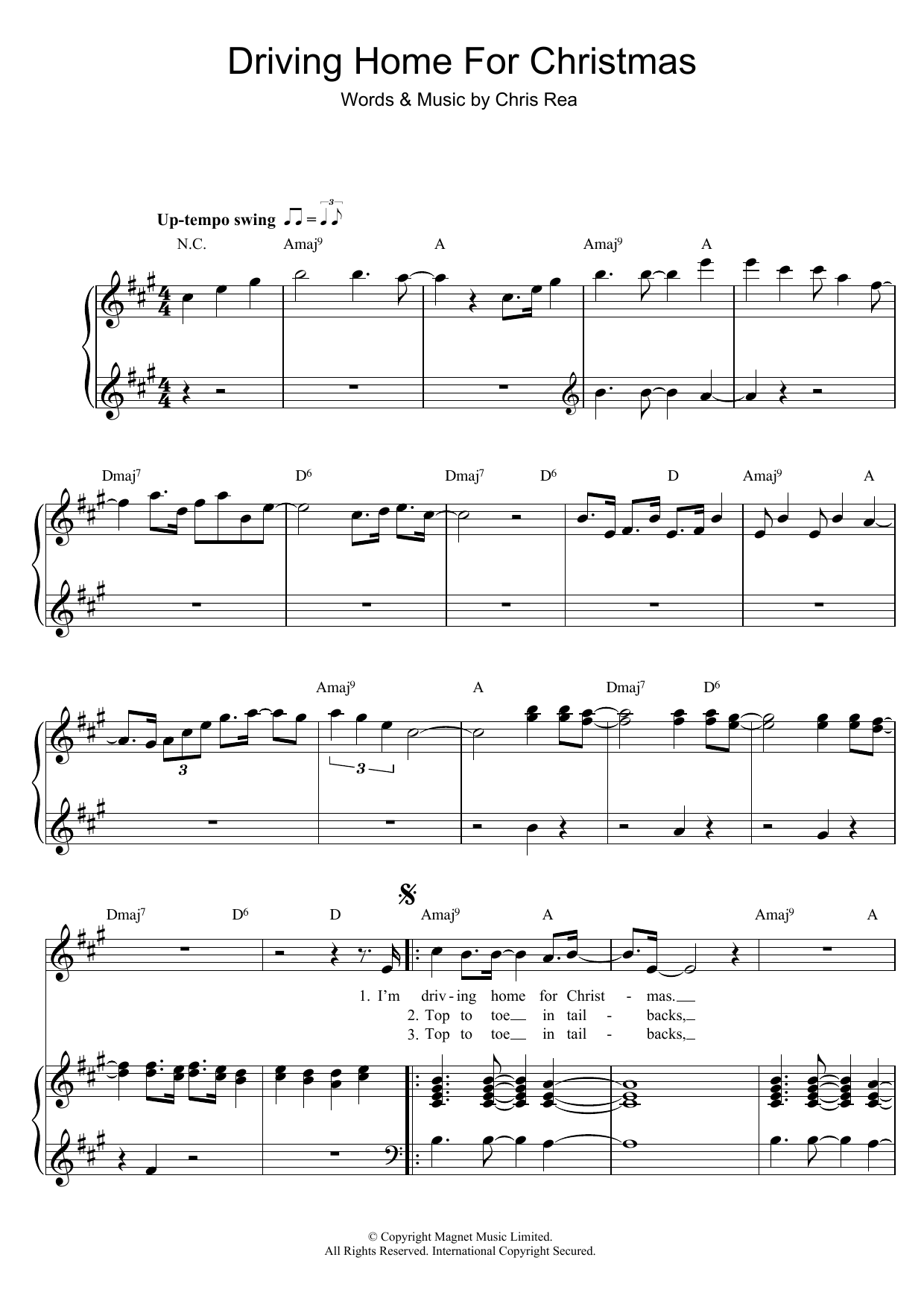 Chris Rea Driving Home For Christmas sheet music notes and chords arranged for Piano, Vocal & Guitar Chords