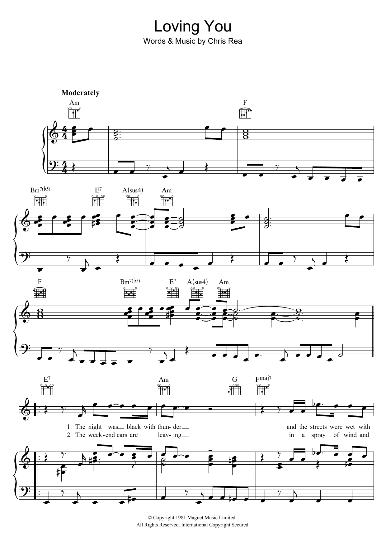 Chris Rea Loving You sheet music notes and chords arranged for Piano, Vocal & Guitar Chords