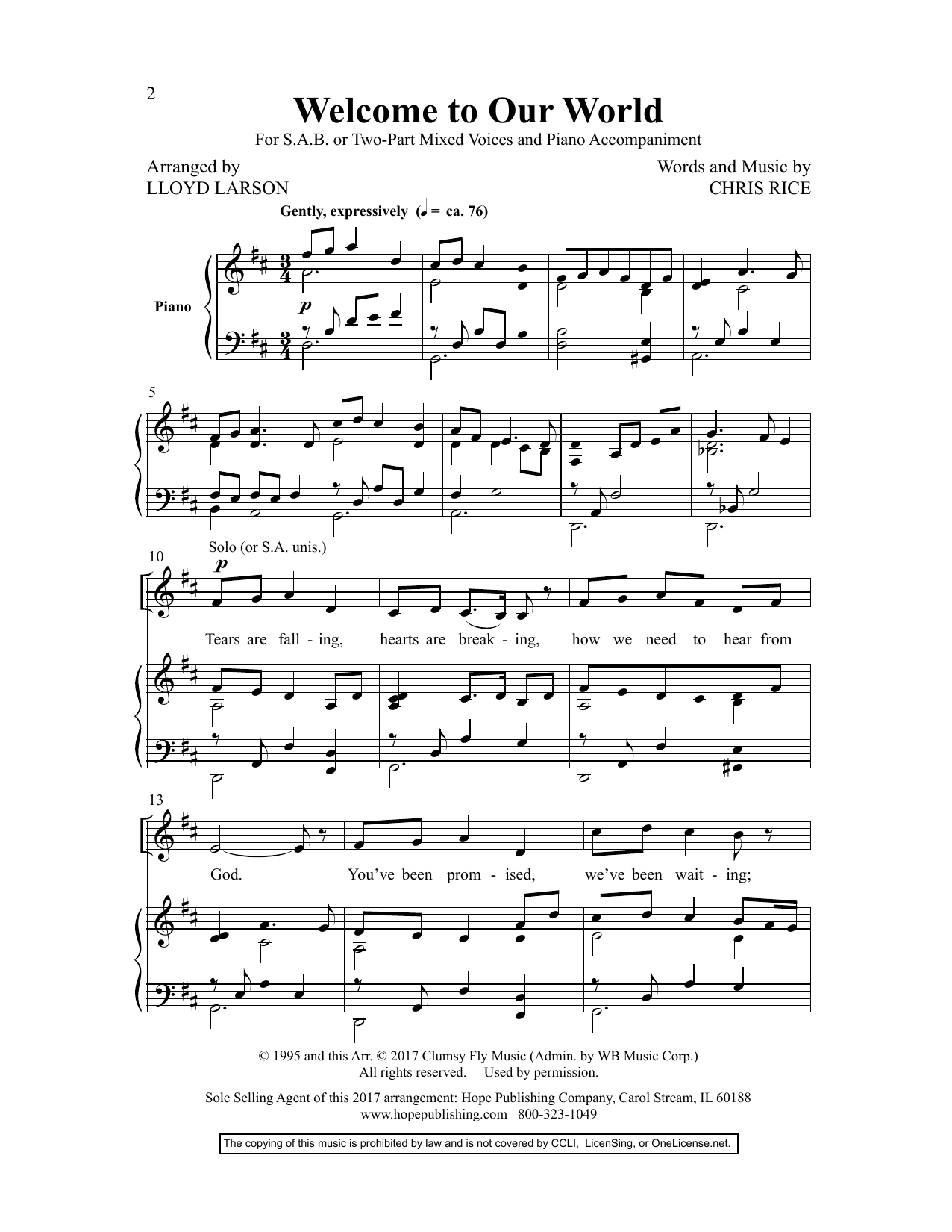 Chris Rice Welcome to Our World (arr. Lloyd Larson) sheet music notes and chords arranged for SAB Choir