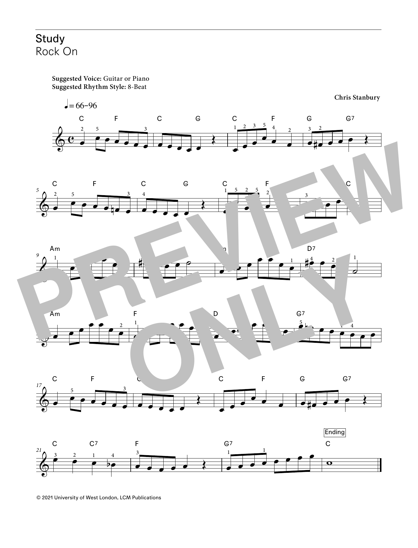 Chris Stanbury Rock On (from LCME Electronic Keyboard Study Grade 1) sheet music notes and chords arranged for Piano Solo