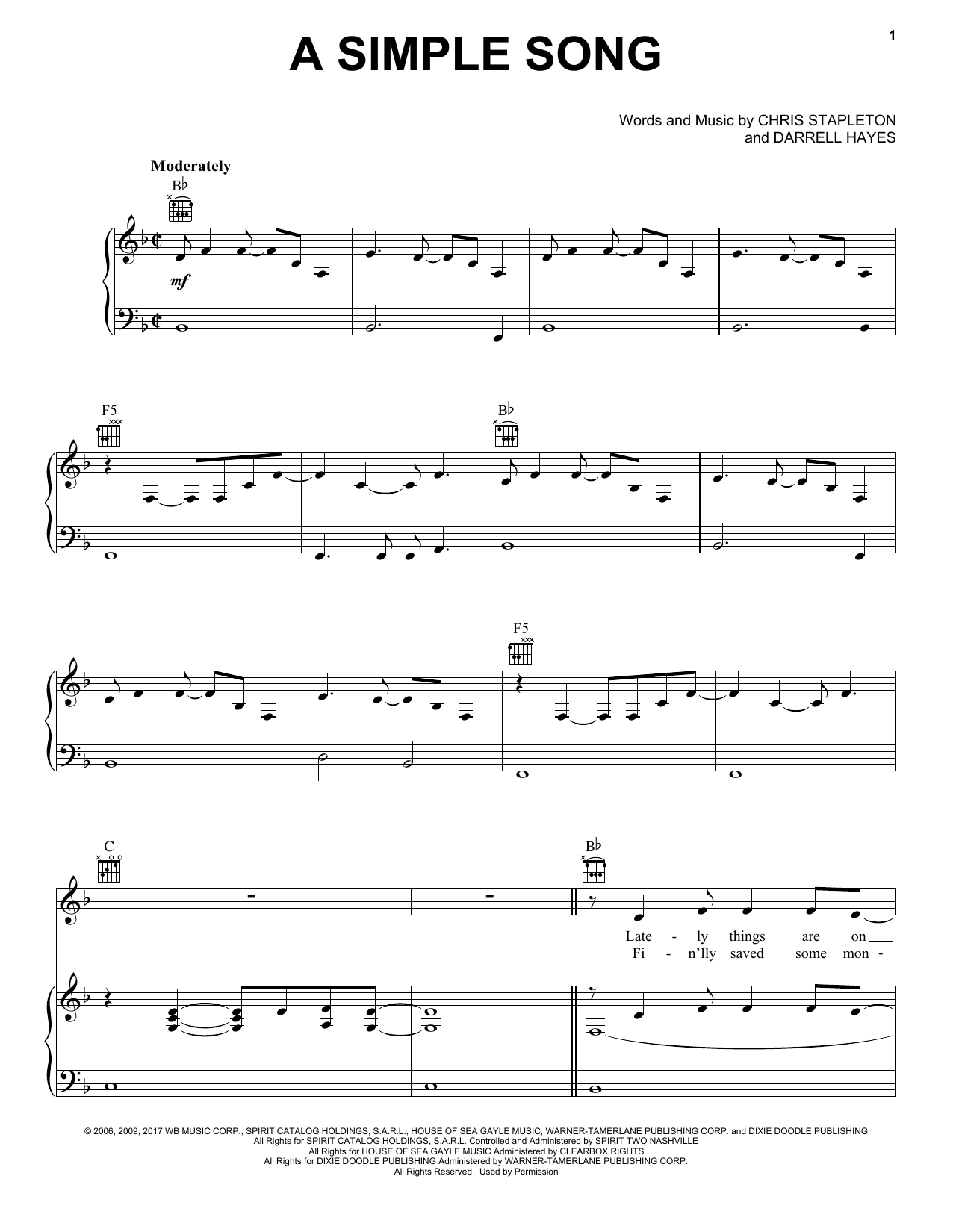 Chris Stapleton A Simple Song sheet music notes and chords arranged for Piano, Vocal & Guitar Chords (Right-Hand Melody)