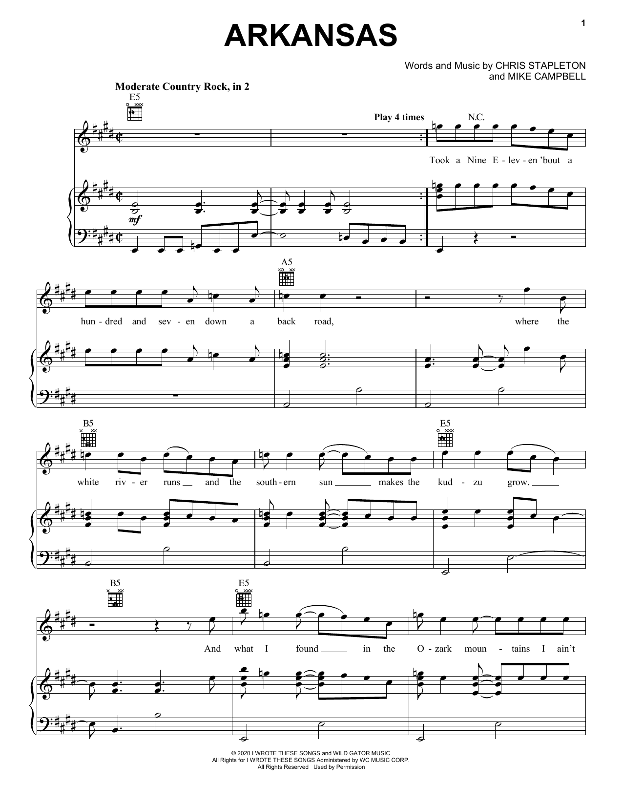 Chris Stapleton Arkansas sheet music notes and chords arranged for Piano, Vocal & Guitar Chords (Right-Hand Melody)