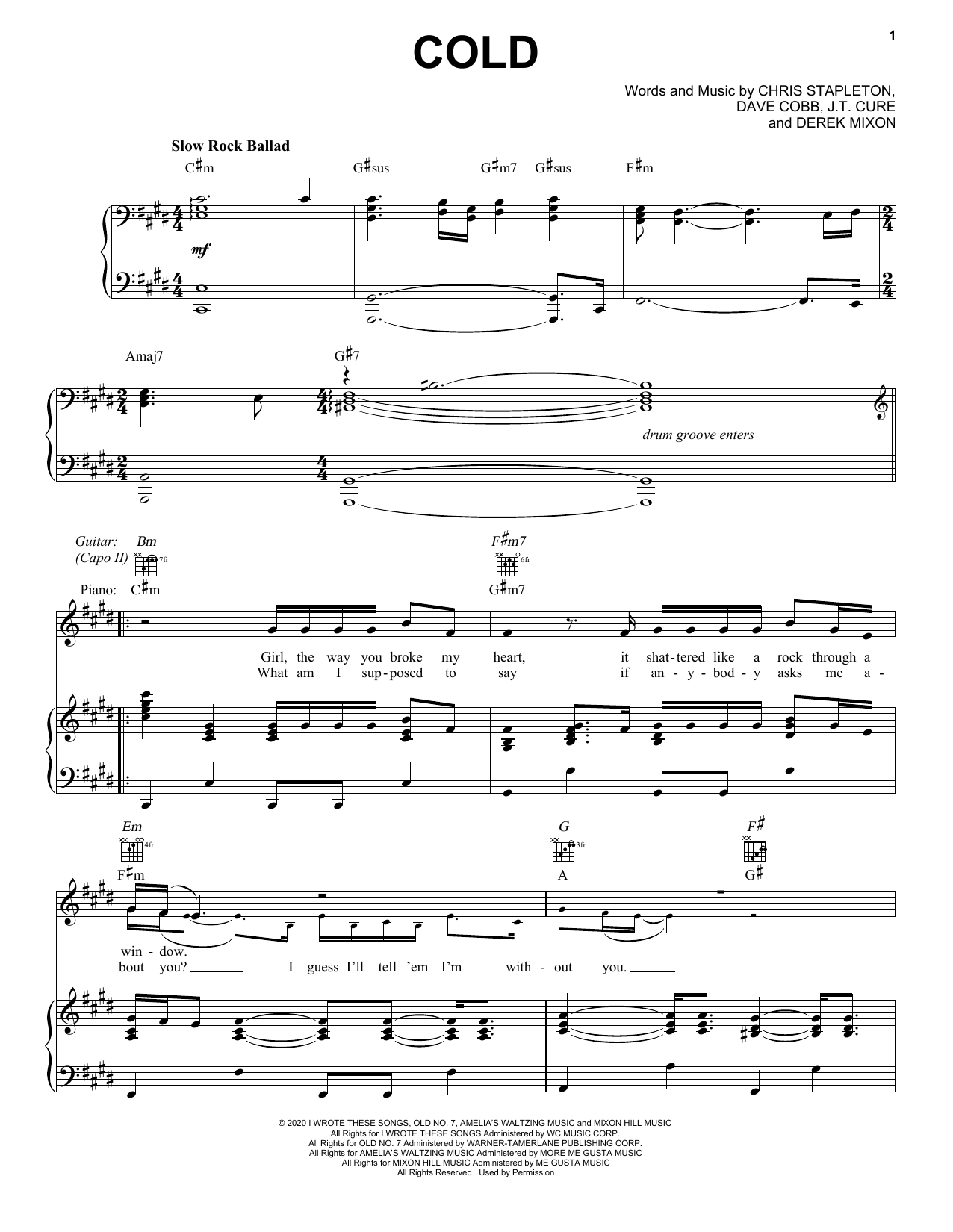 Chris Stapleton Cold sheet music notes and chords arranged for Piano, Vocal & Guitar Chords (Right-Hand Melody)