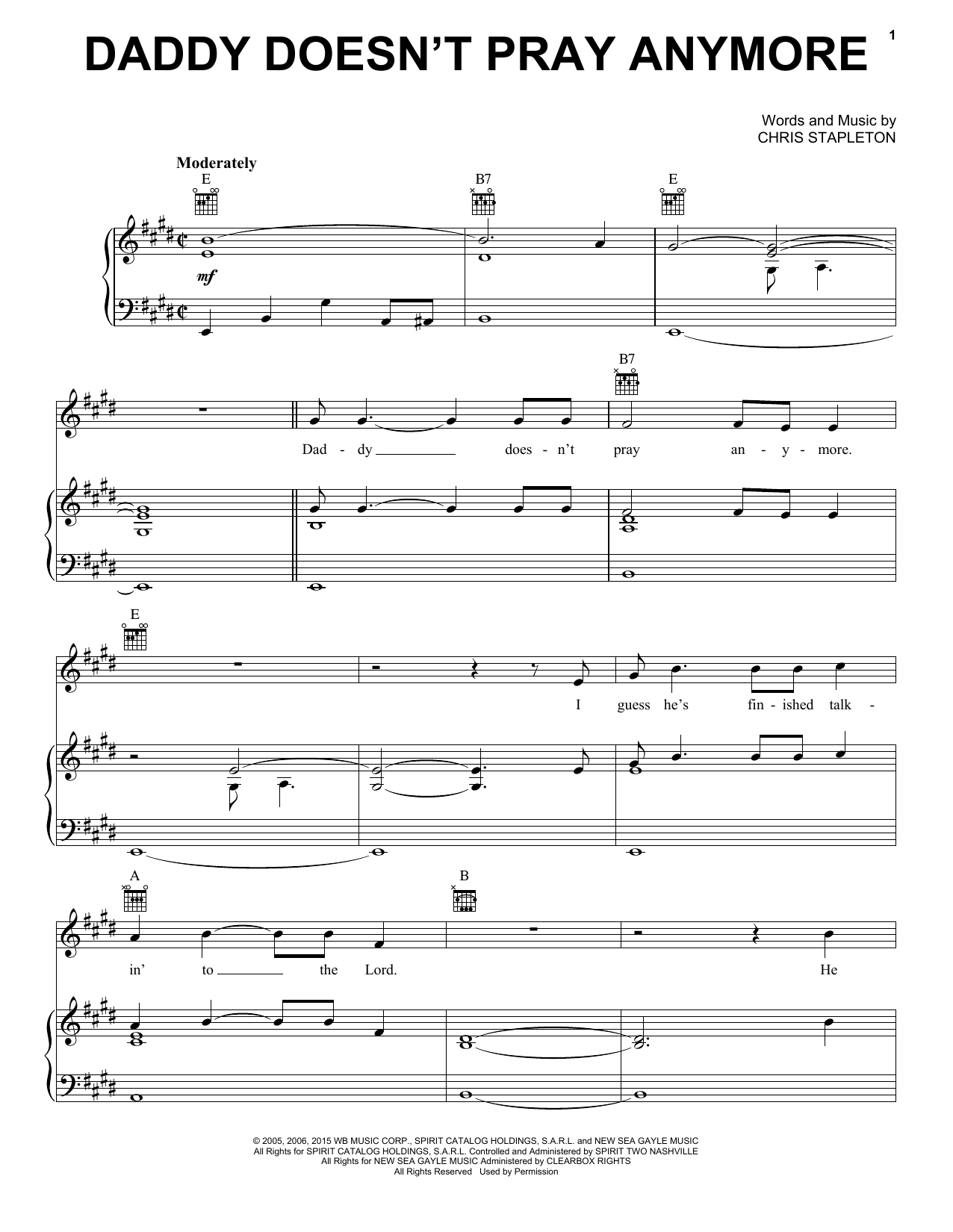 Chris Stapleton Daddy Doesn't Pray Anymore sheet music notes and chords arranged for Piano, Vocal & Guitar Chords (Right-Hand Melody)