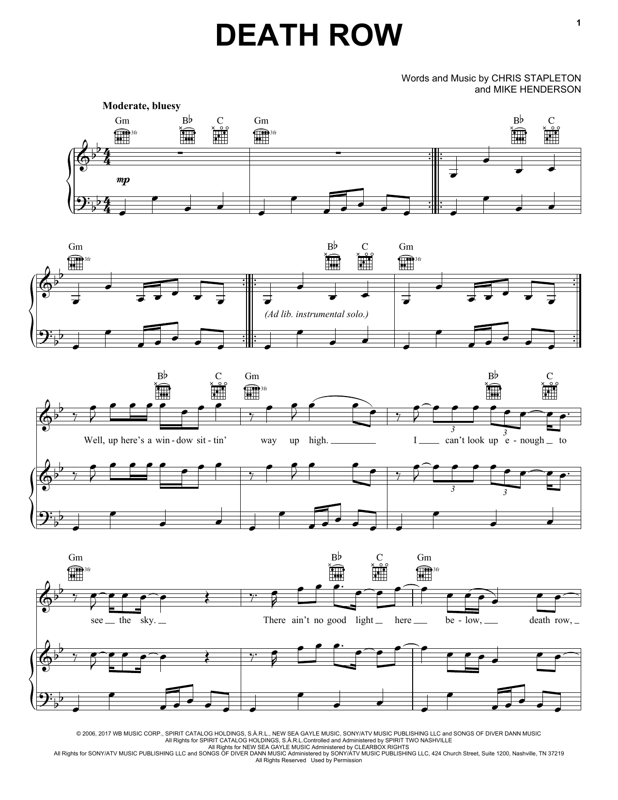 Chris Stapleton Death Row sheet music notes and chords arranged for Piano, Vocal & Guitar Chords (Right-Hand Melody)