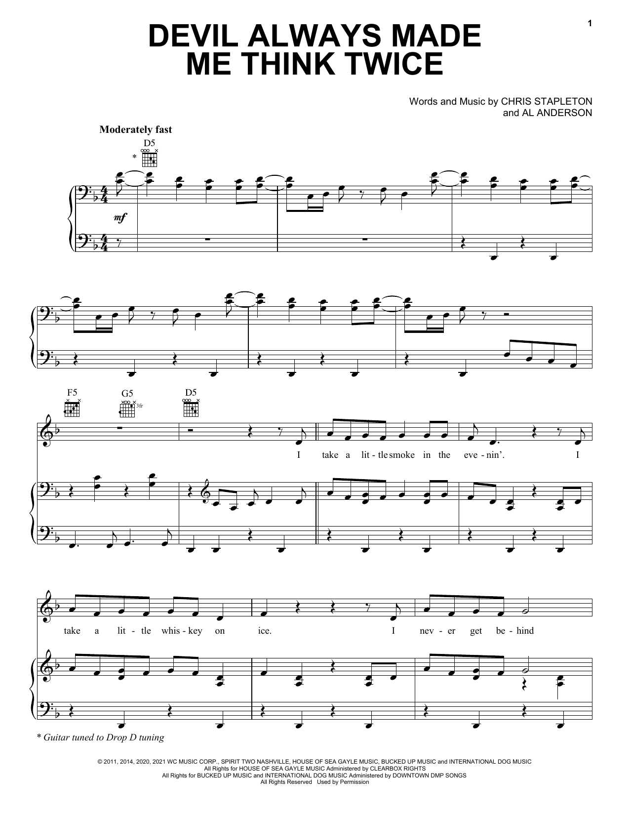 Chris Stapleton Devil Always Made Me Think Twice sheet music notes and chords arranged for Piano, Vocal & Guitar Chords (Right-Hand Melody)