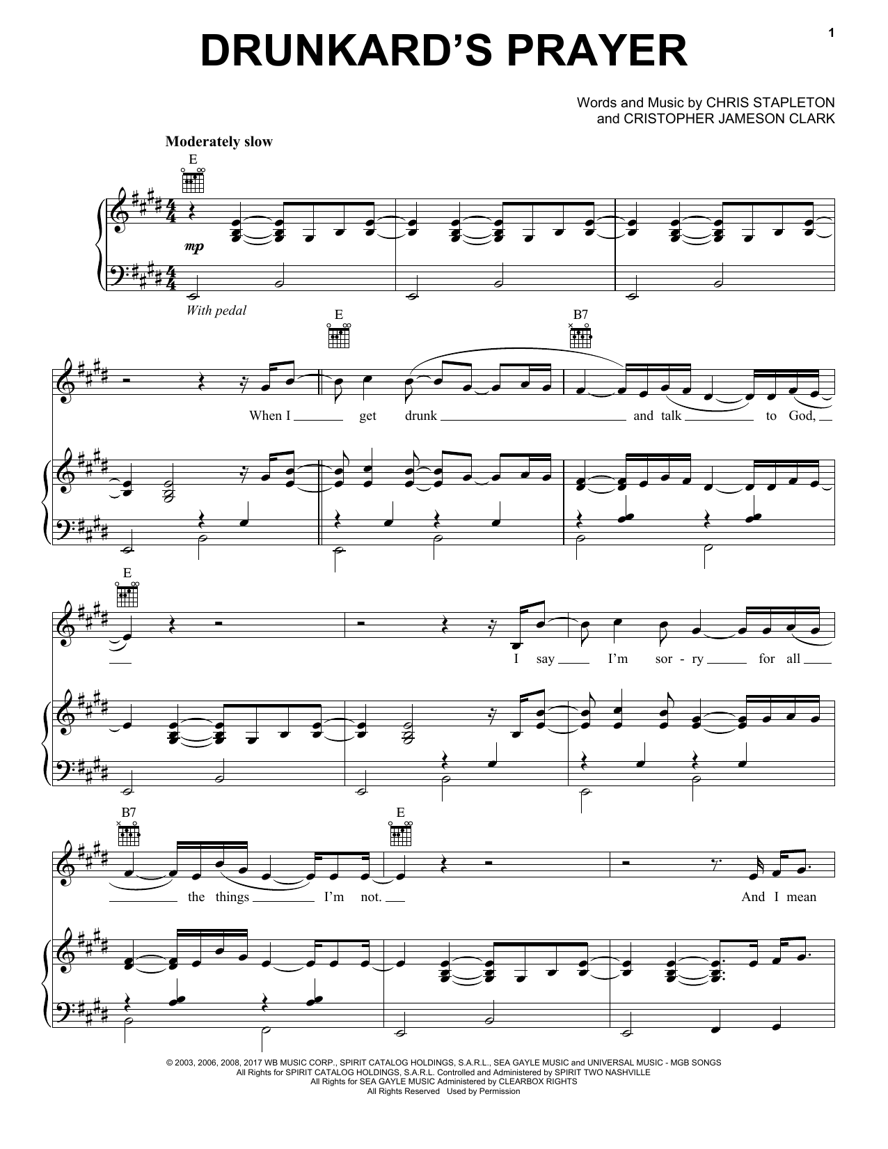 Chris Stapleton Drunkard's Prayer sheet music notes and chords arranged for Piano, Vocal & Guitar Chords (Right-Hand Melody)