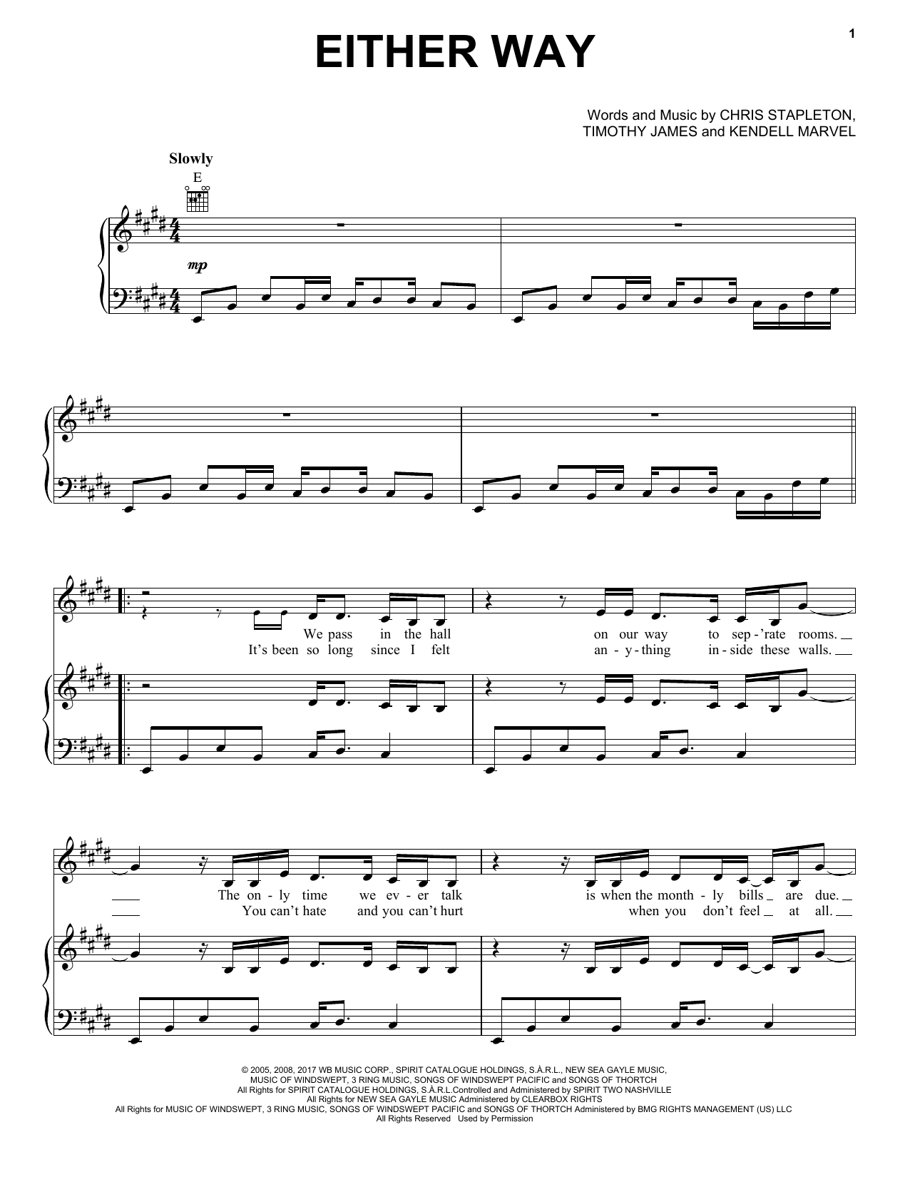 Chris Stapleton Either Way sheet music notes and chords arranged for Piano, Vocal & Guitar Chords (Right-Hand Melody)