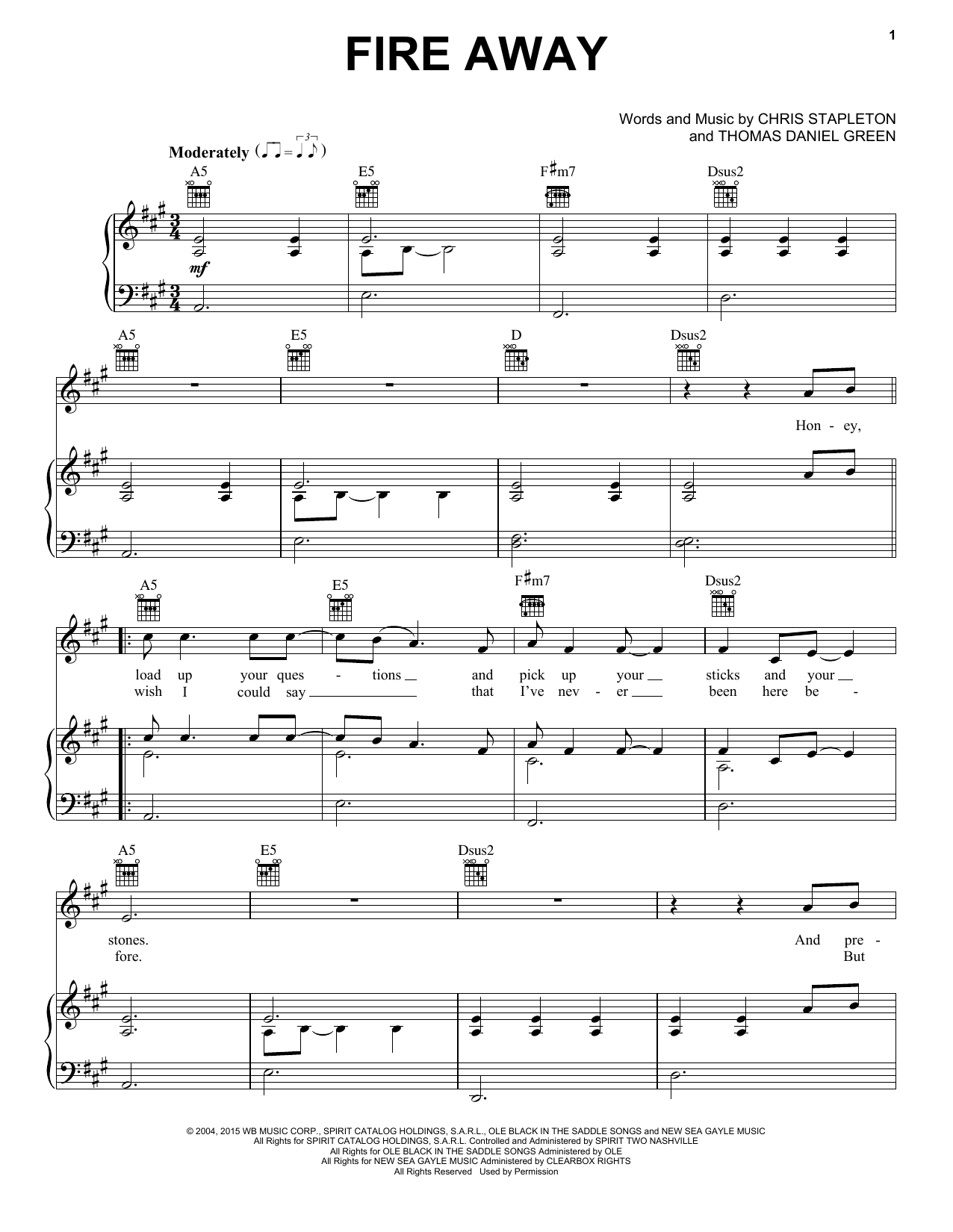 Chris Stapleton Fire Away sheet music notes and chords arranged for Piano, Vocal & Guitar Chords (Right-Hand Melody)