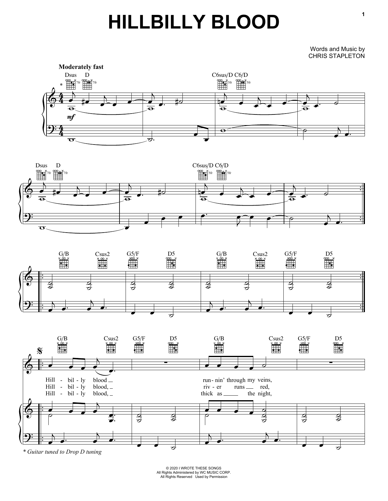 Chris Stapleton Hillbilly Blood sheet music notes and chords arranged for Piano, Vocal & Guitar Chords (Right-Hand Melody)