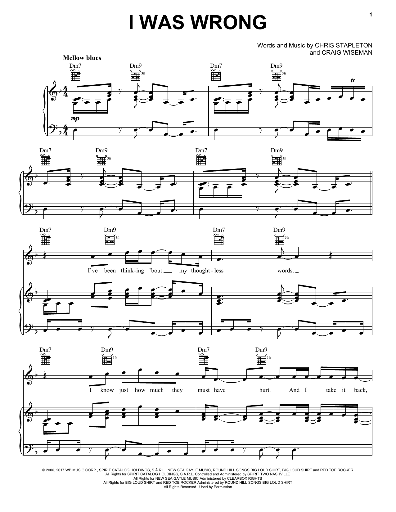 Chris Stapleton I Was Wrong sheet music notes and chords arranged for Piano, Vocal & Guitar Chords (Right-Hand Melody)