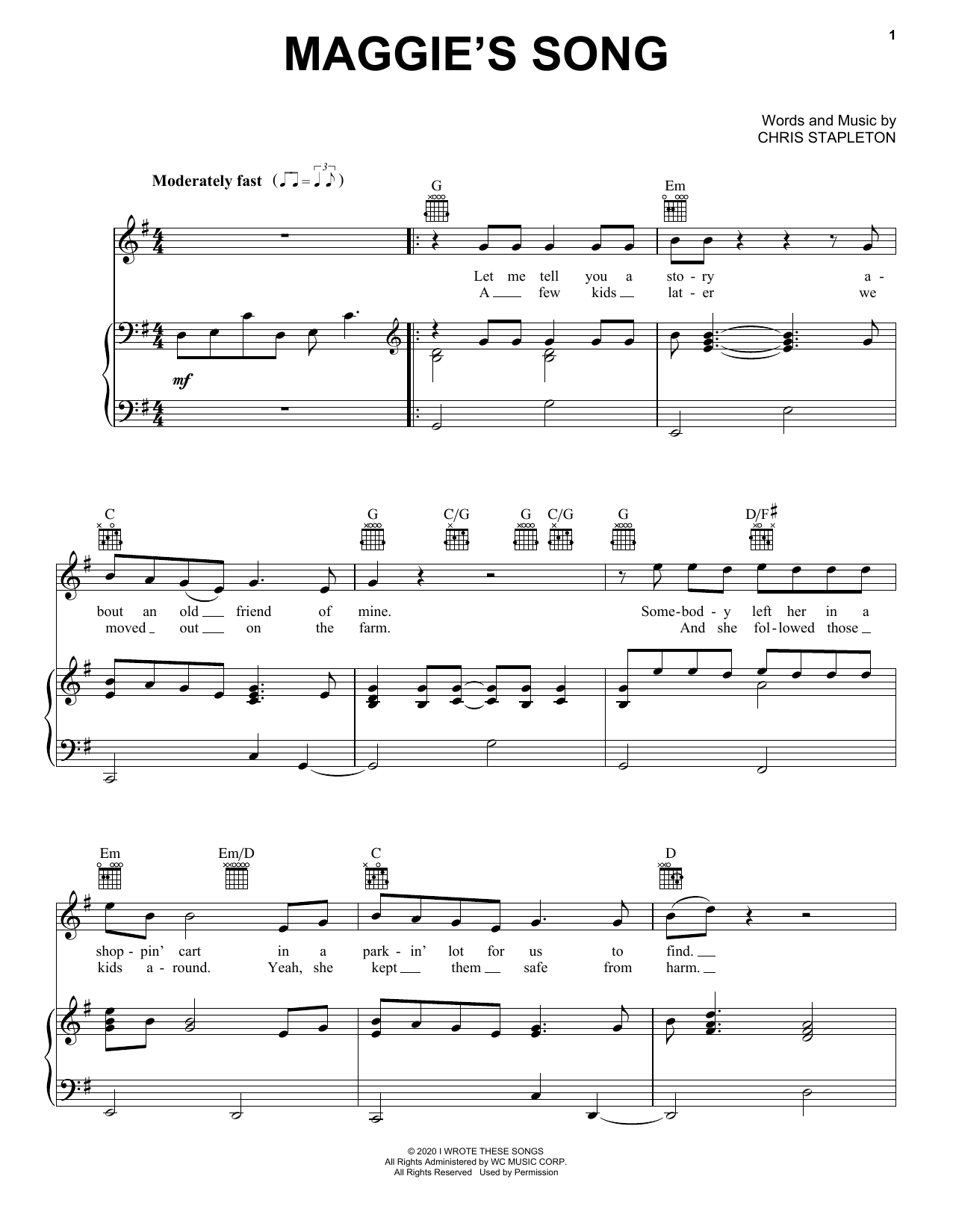 Chris Stapleton Maggie's Song sheet music notes and chords arranged for Piano, Vocal & Guitar Chords (Right-Hand Melody)