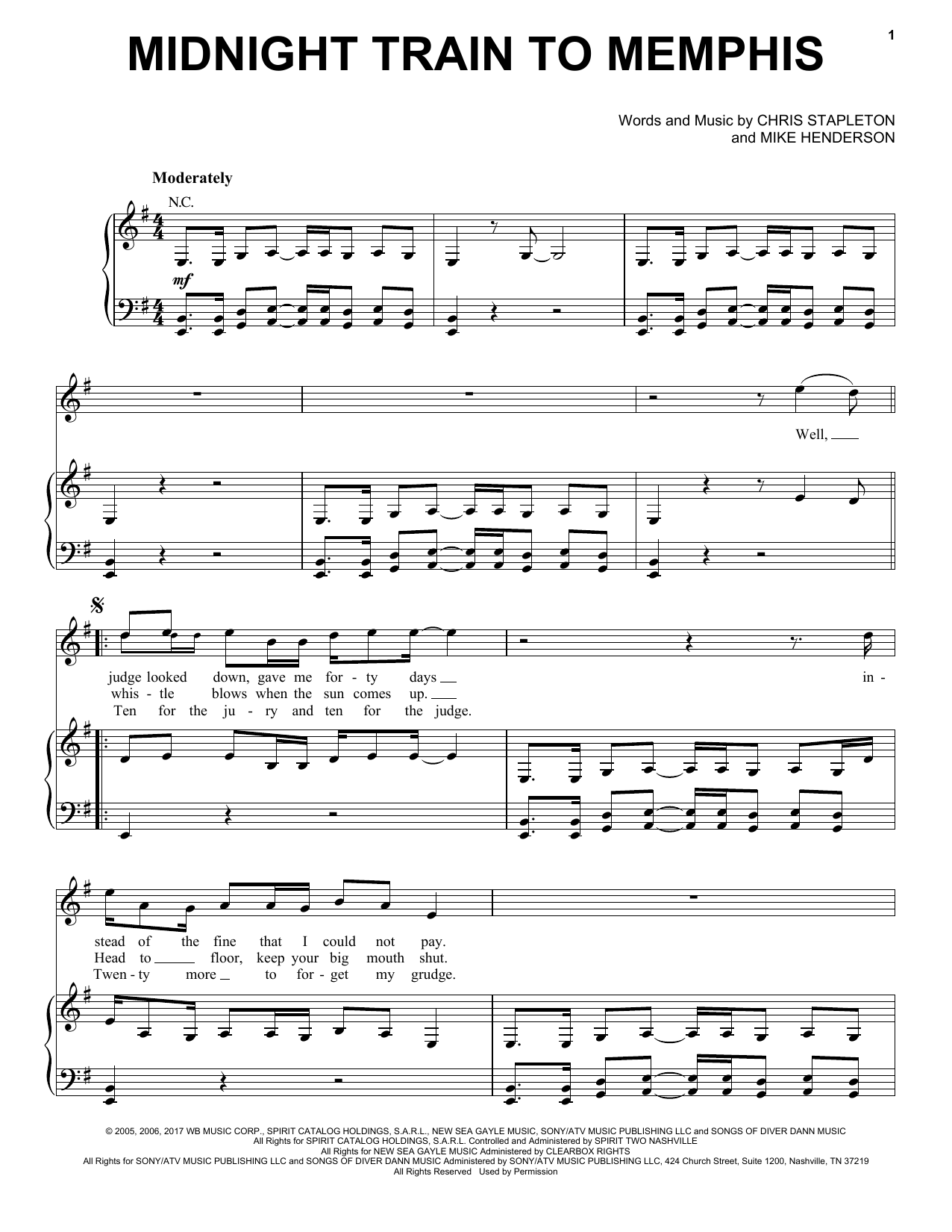 Chris Stapleton Midnight Train To Memphis sheet music notes and chords arranged for Piano, Vocal & Guitar Chords (Right-Hand Melody)