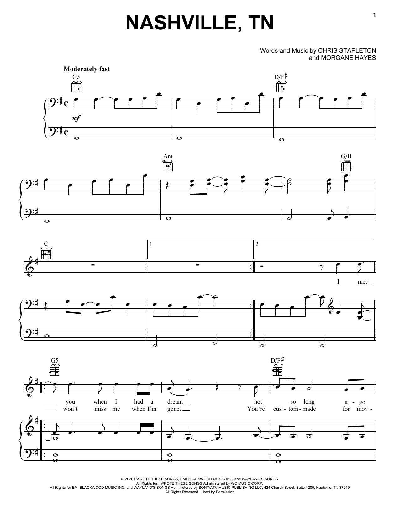 Chris Stapleton Nashville, TN sheet music notes and chords arranged for Piano, Vocal & Guitar Chords (Right-Hand Melody)