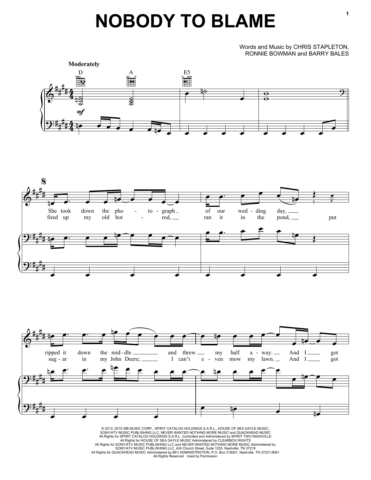 Chris Stapleton Nobody To Blame sheet music notes and chords arranged for Easy Piano