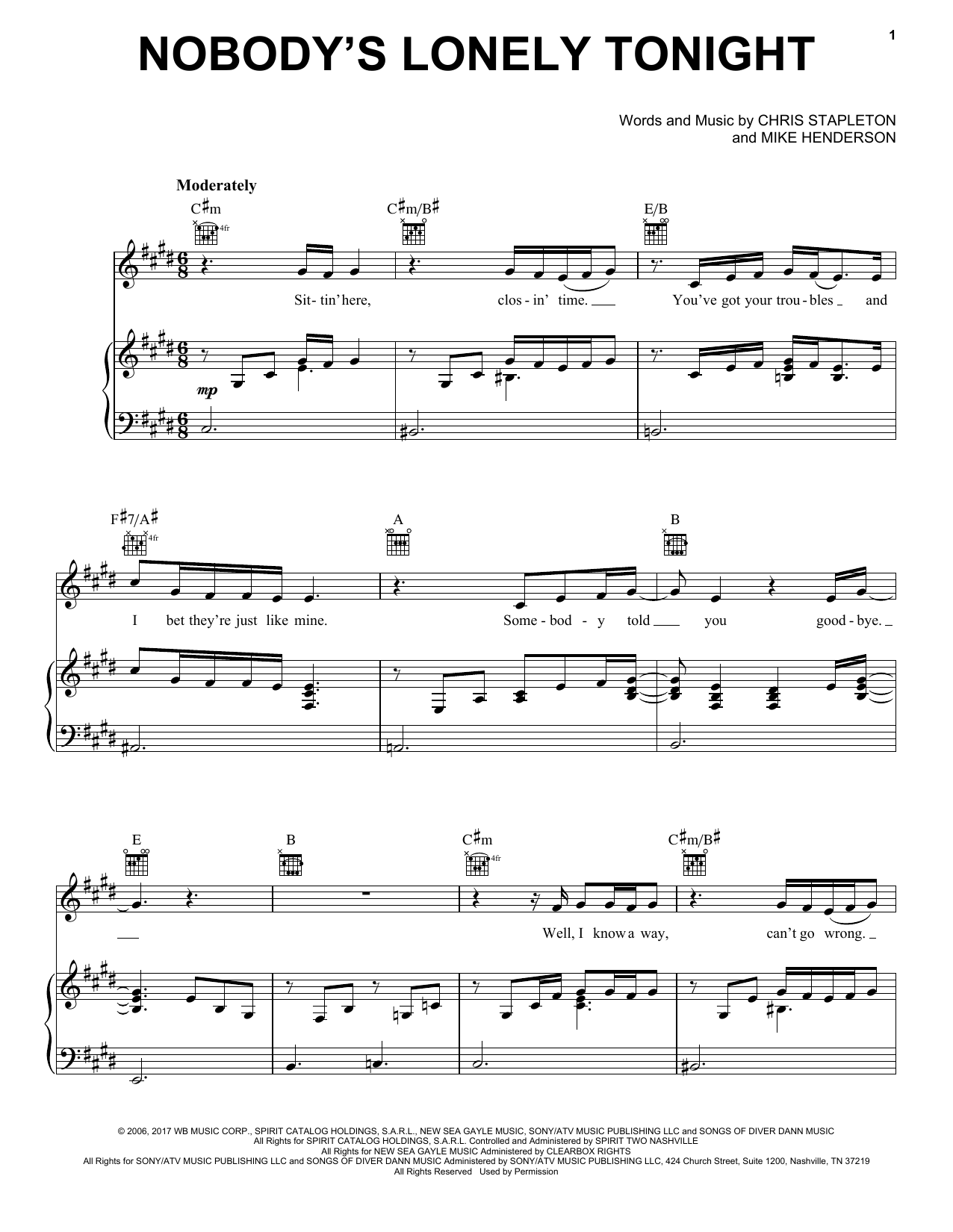Chris Stapleton Nobody's Lonely Tonight sheet music notes and chords arranged for Piano, Vocal & Guitar Chords (Right-Hand Melody)