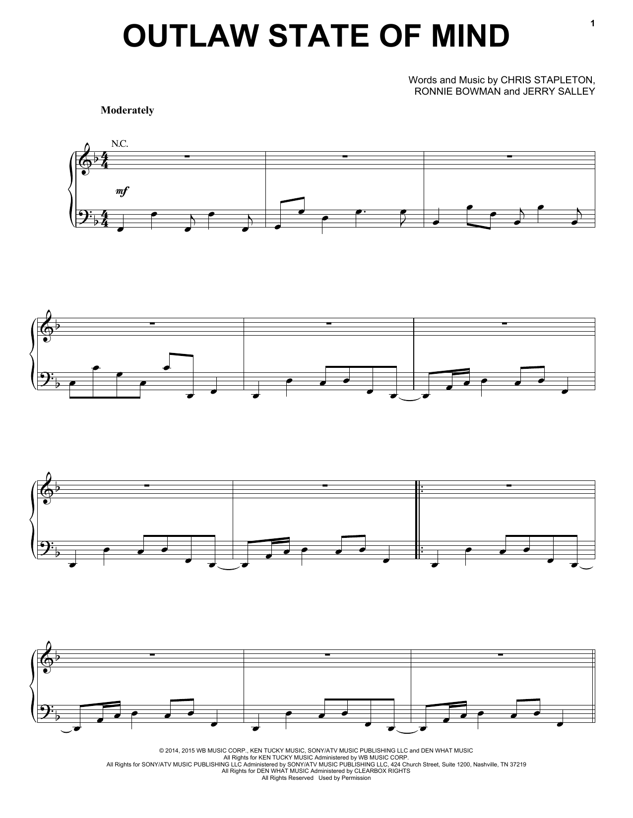 Chris Stapleton Outlaw State Of Mind sheet music notes and chords arranged for Piano, Vocal & Guitar Chords (Right-Hand Melody)
