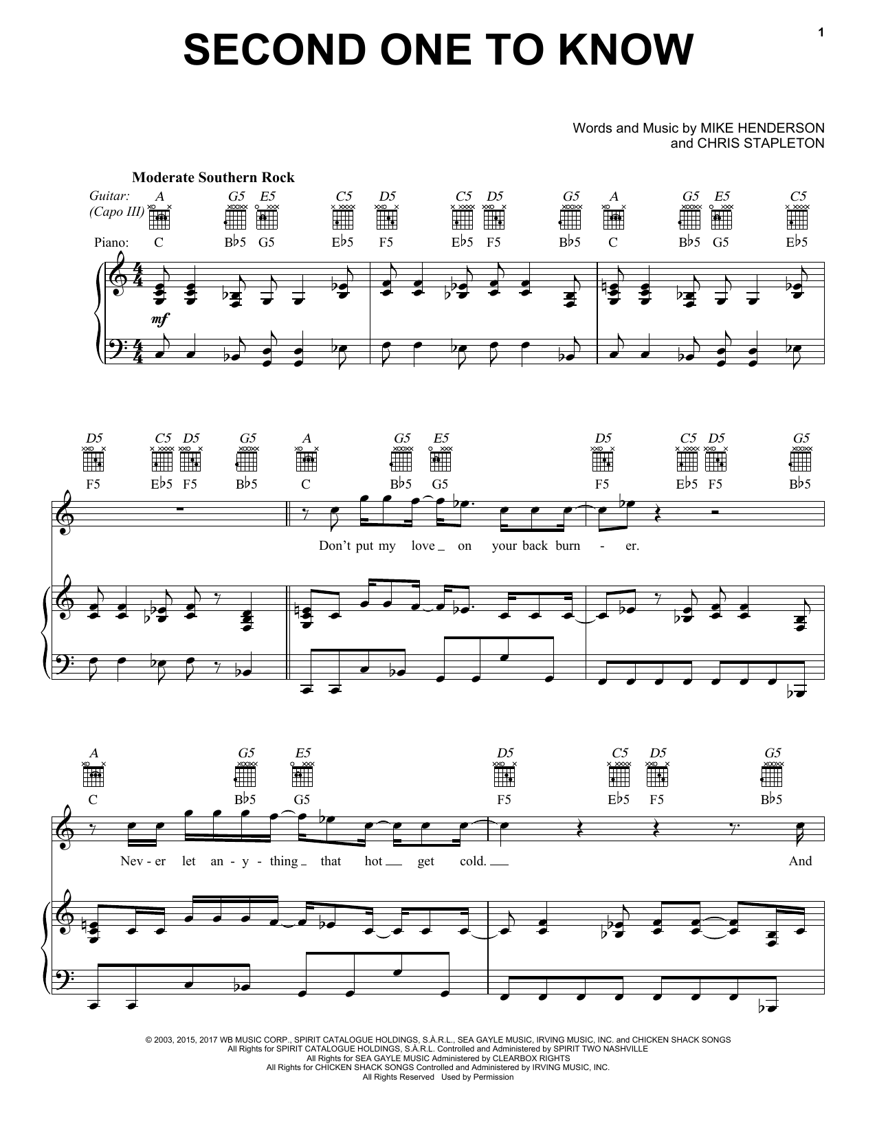 Chris Stapleton Second One To Know sheet music notes and chords arranged for Piano, Vocal & Guitar Chords (Right-Hand Melody)