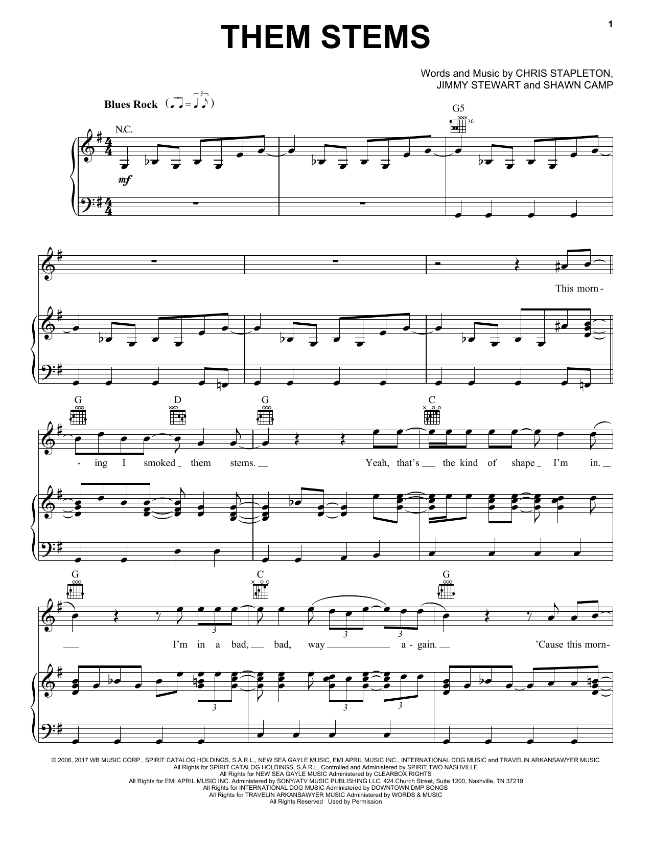 Chris Stapleton Them Stems sheet music notes and chords arranged for Piano, Vocal & Guitar Chords (Right-Hand Melody)