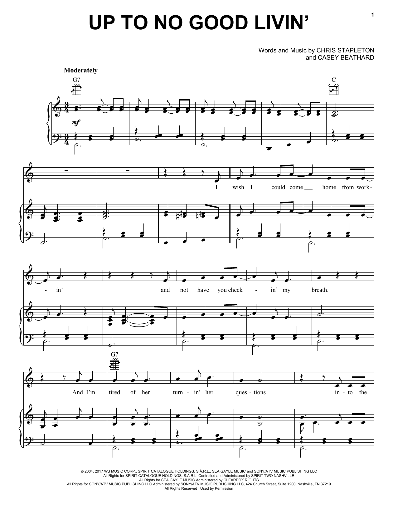 Chris Stapleton Up To No Good Livin' sheet music notes and chords arranged for Piano, Vocal & Guitar Chords (Right-Hand Melody)