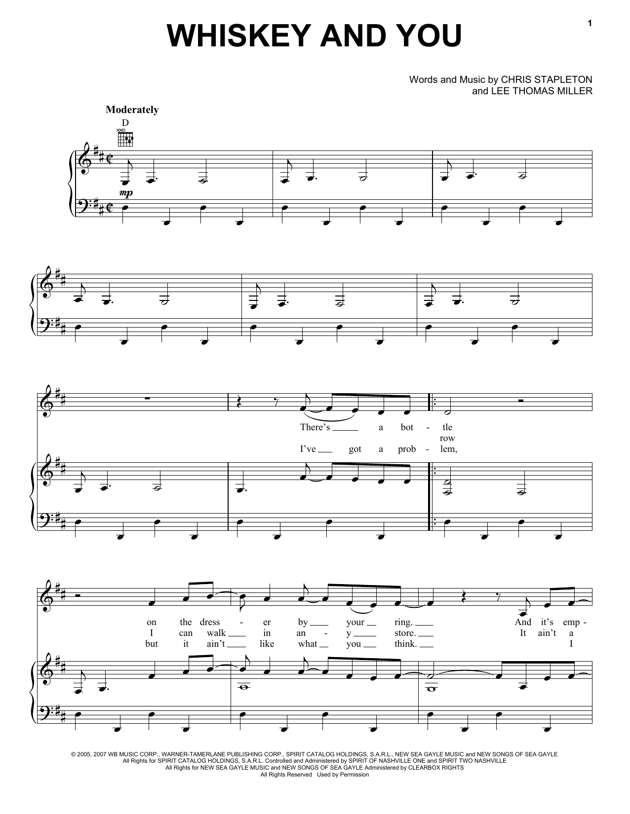 Chris Stapleton Whiskey And You sheet music notes and chords arranged for Piano, Vocal & Guitar Chords (Right-Hand Melody)