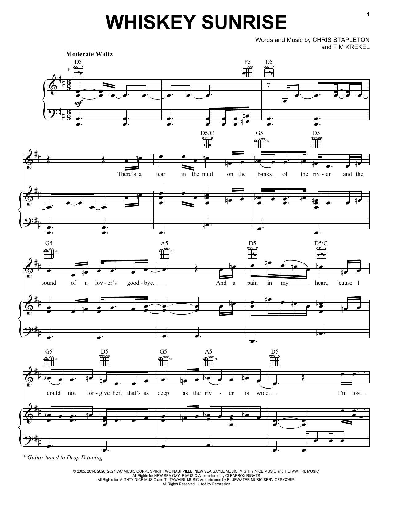 Chris Stapleton Whiskey Sunrise sheet music notes and chords arranged for Piano, Vocal & Guitar Chords (Right-Hand Melody)