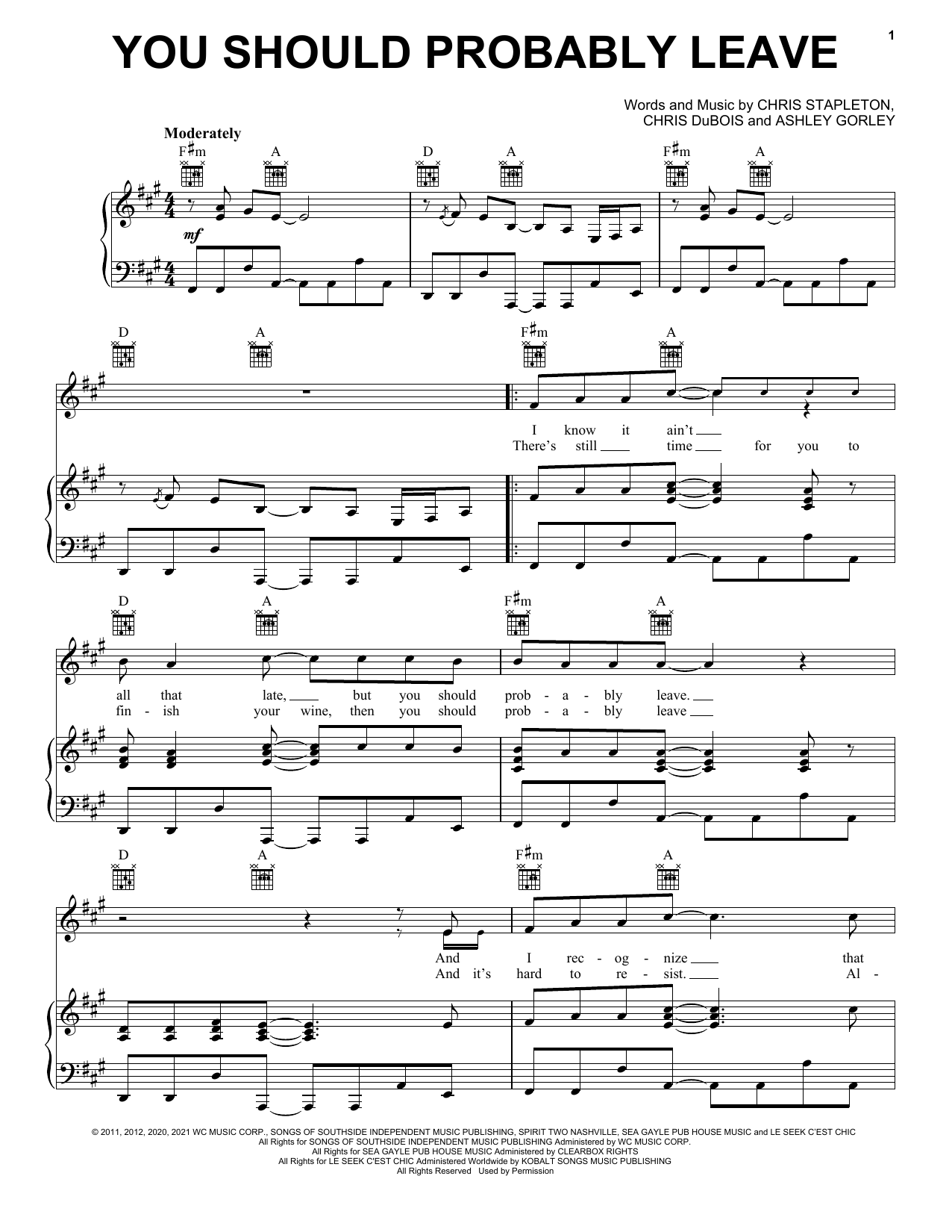 Chris Stapleton You Should Probably Leave sheet music notes and chords arranged for Piano, Vocal & Guitar Chords (Right-Hand Melody)