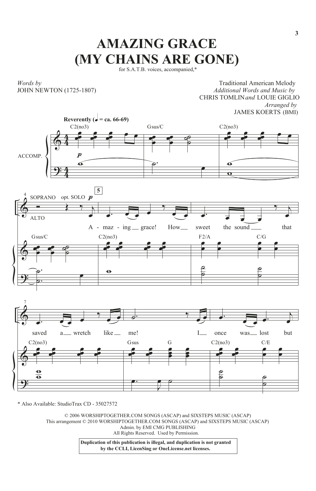 Chris Tomlin Amazing Grace (My Chains Are Gone) (arr. James Koerts) sheet music notes and chords arranged for SATB Choir