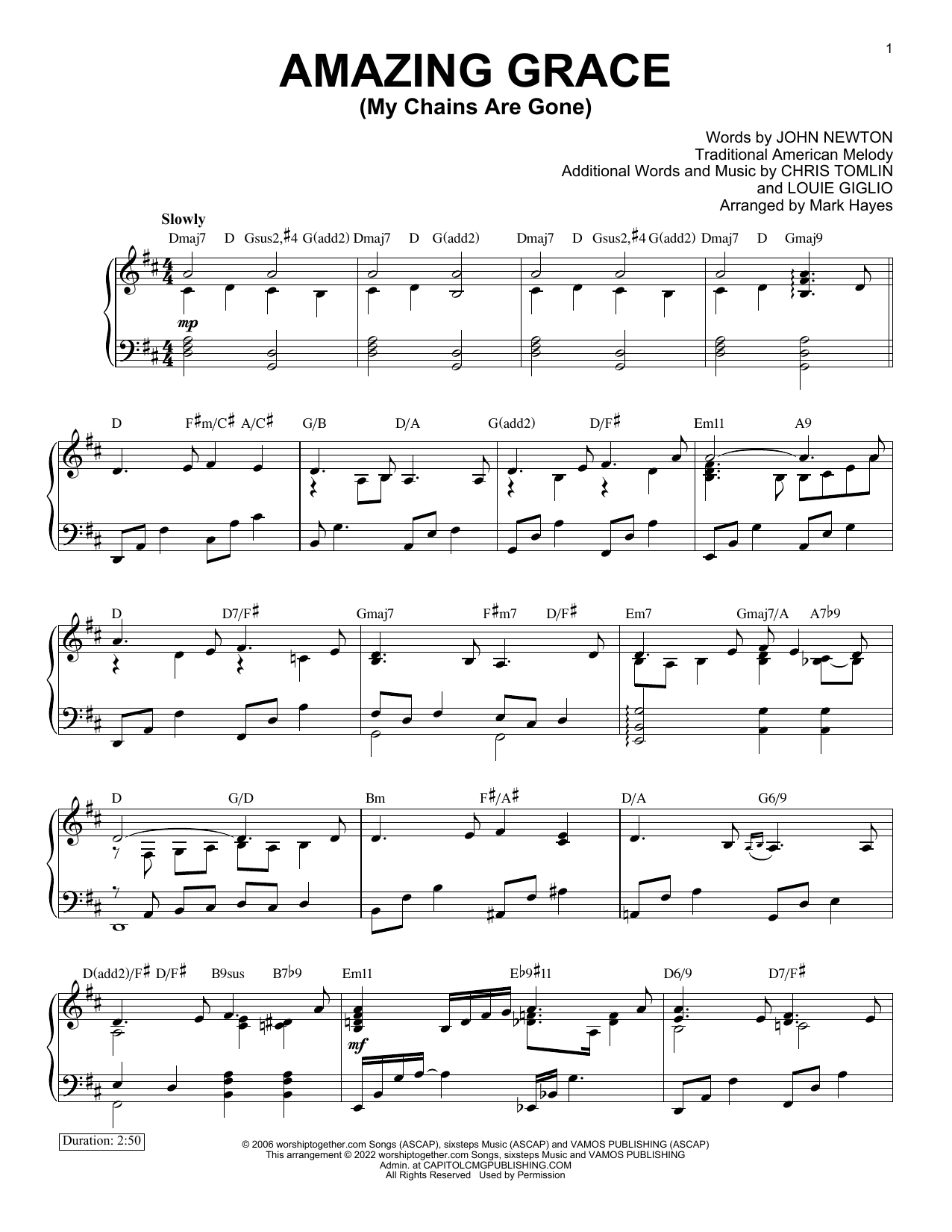 Chris Tomlin Amazing Grace (My Chains Are Gone) (arr. Mark Hayes) sheet music notes and chords arranged for Piano Solo