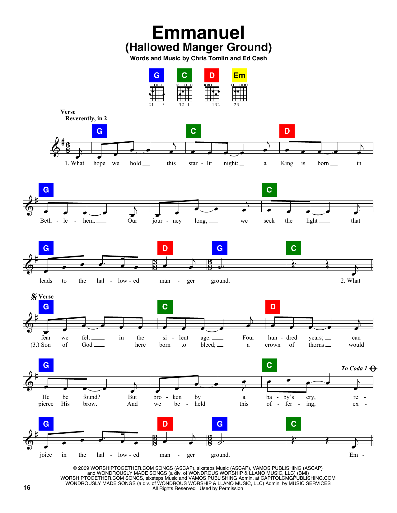 Chris Tomlin and Ed Cash Emmanuel (Hallowed Manger Ground) sheet music notes and chords arranged for ChordBuddy