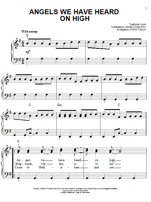 Chris Tomlin Angels We Have Heard On High sheet music notes and chords arranged for Easy Piano