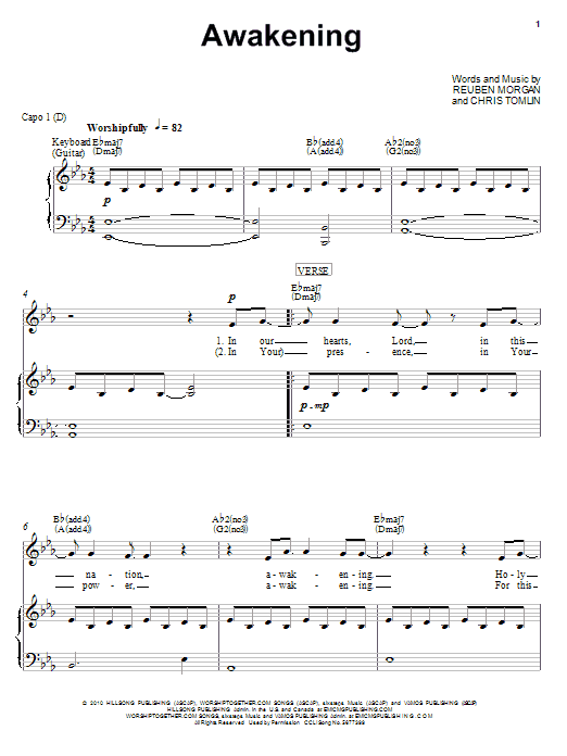 Chris Tomlin Awakening sheet music notes and chords arranged for Easy Piano