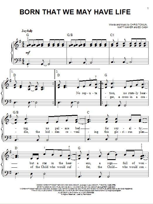 Chris Tomlin Born That We May Have Life sheet music notes and chords arranged for Easy Piano