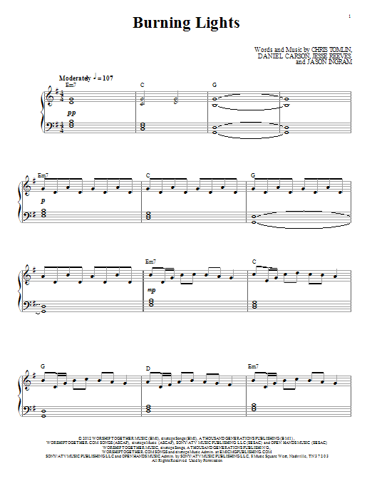 Chris Tomlin Burning Lights sheet music notes and chords arranged for Piano, Vocal & Guitar Chords (Right-Hand Melody)